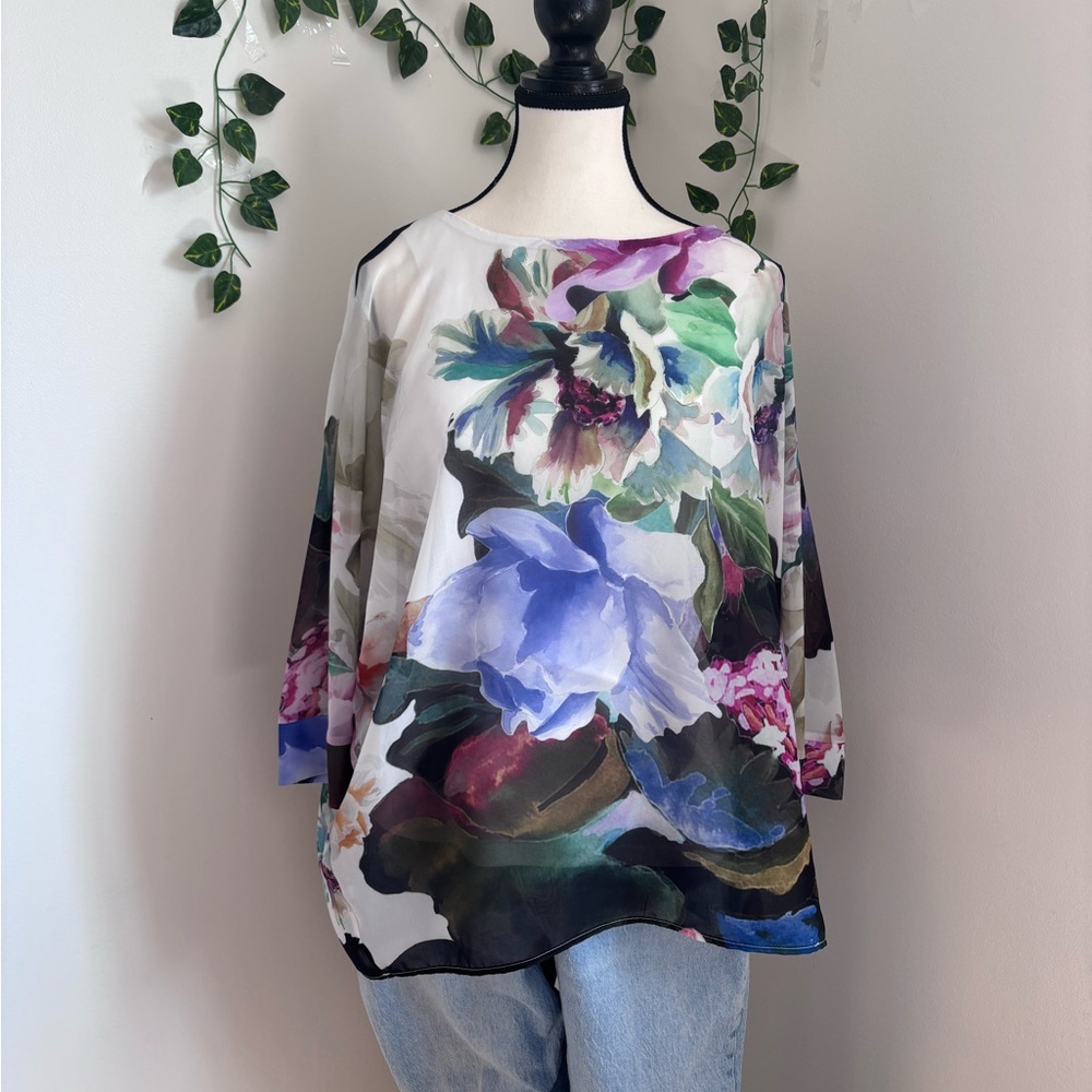 Frank Lyman Multicolor Floral Poncho Short Sleeve Blouse Spring Plus Size 10